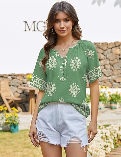 Womens Summer Boho Tops Casual Short Sleeve Blouses Button Down Shirts 2026 Beach Vacation Clothes